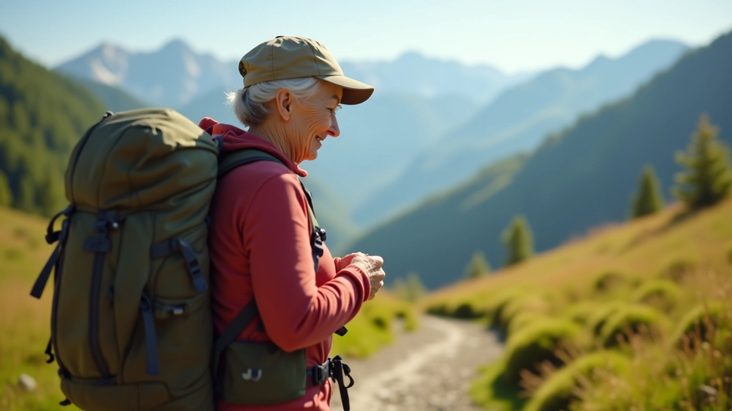 Starší turista kontroluje obsah svého batohu na horské cestě