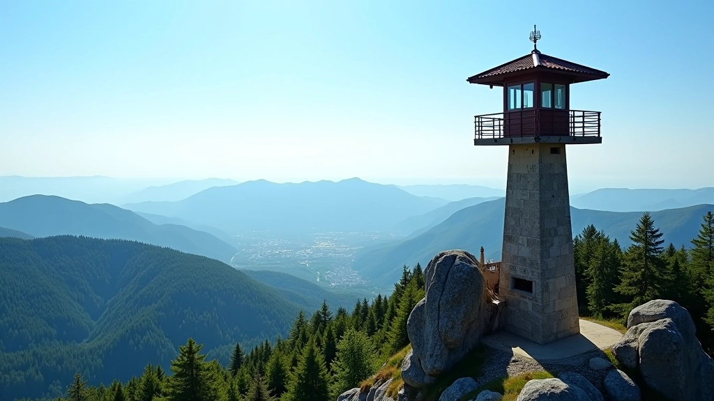 Rozhledna na Kletí s panoramatickým výhledem na údolí a kopce, lidé užívající si výhledu